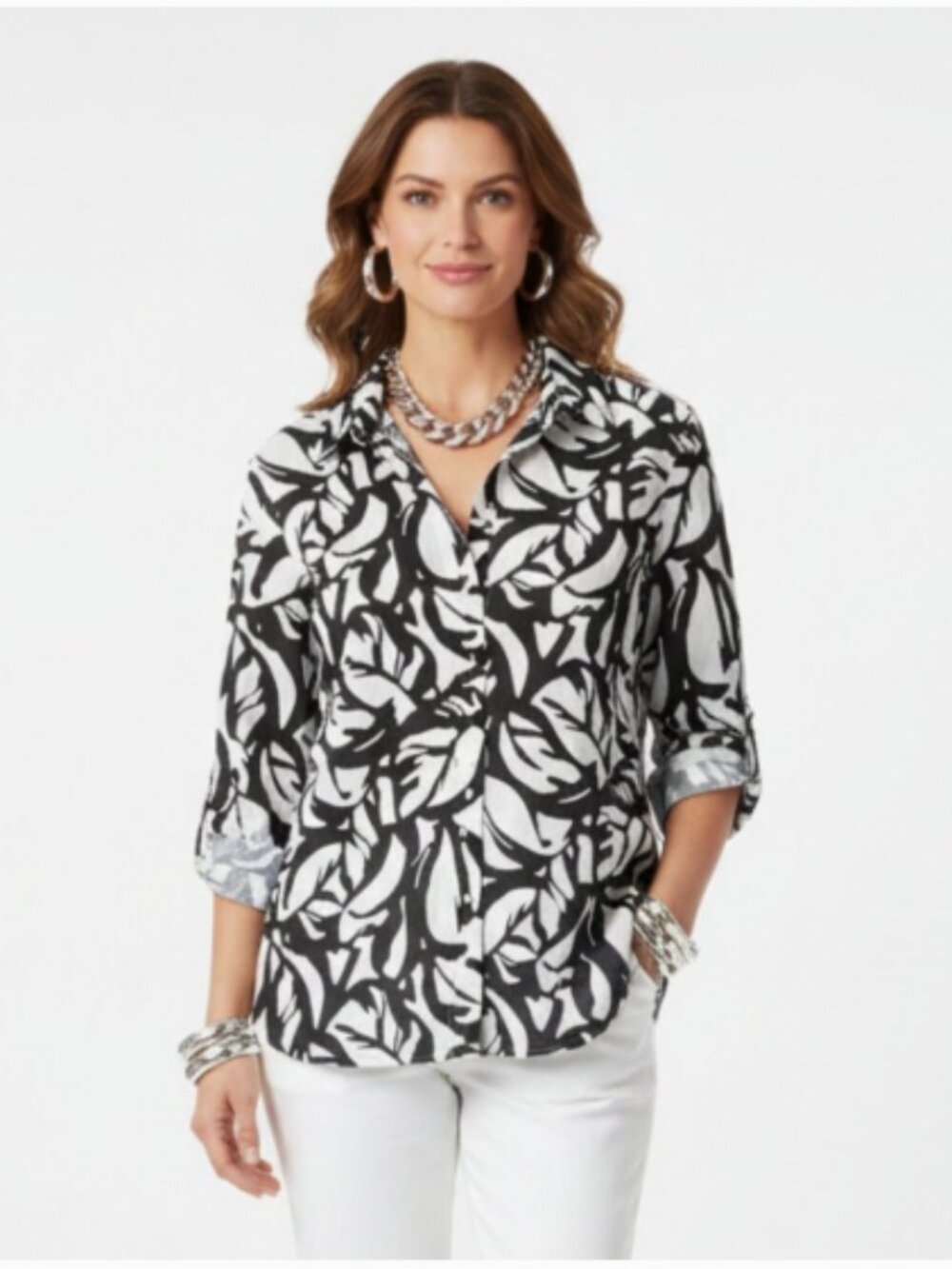 CHICO's 100% Linen Leaf Print Blouse in Black and White, Size 2.5 - US 14/Large